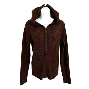 Womens Brown Ribbed Cable Knit Hooded Sweater Small Zip Dark Academia 90s Y2K